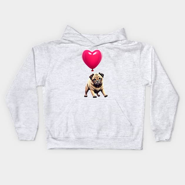 Cute Pug on Valentine's Balloon - Adorable Pug Hanging on Heart Balloon Kids Hoodie by fur-niche